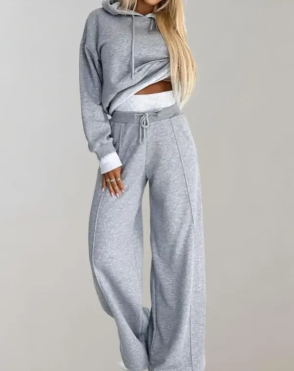 Grace Wide Leg Pants Two Piece Set in gray, cropped hoodie and wide leg pants