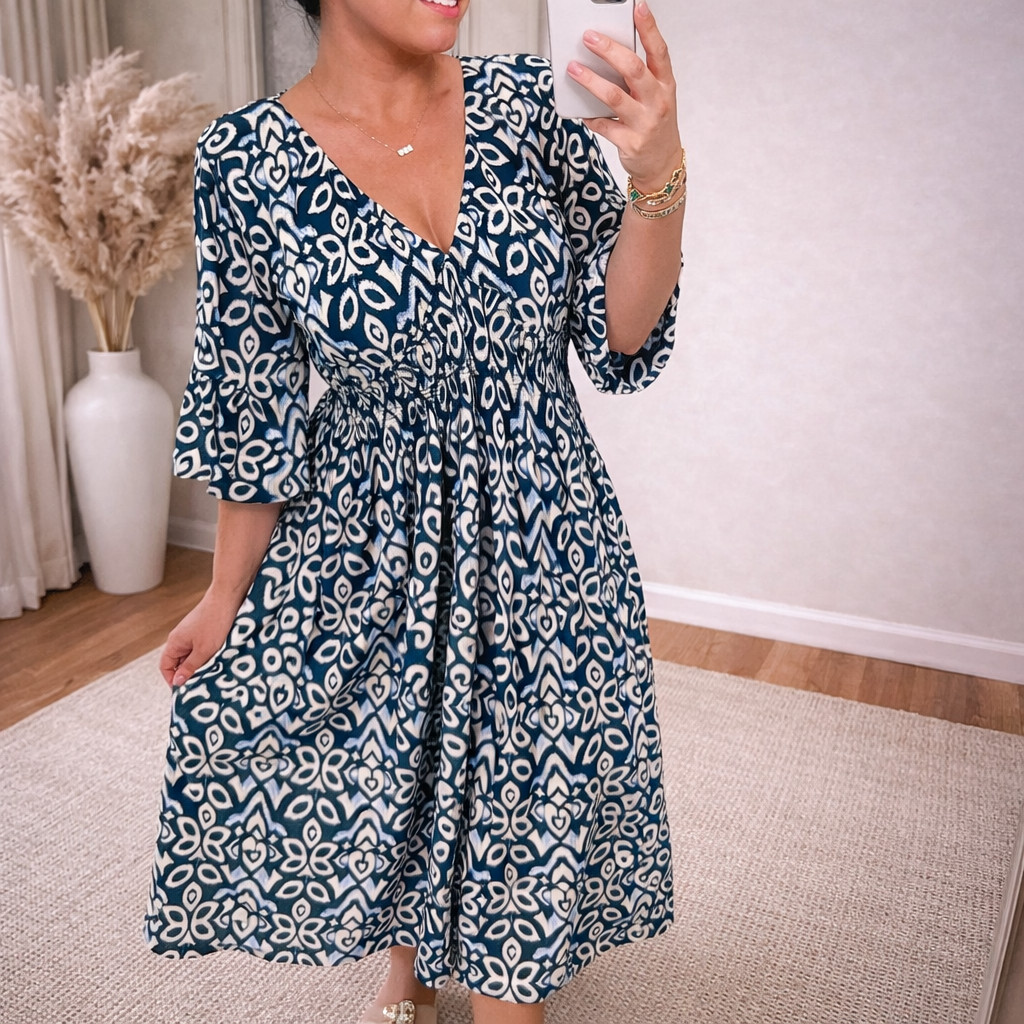 Dark blue Kasia women's A-line V-neck maxi dress, printed front view on model