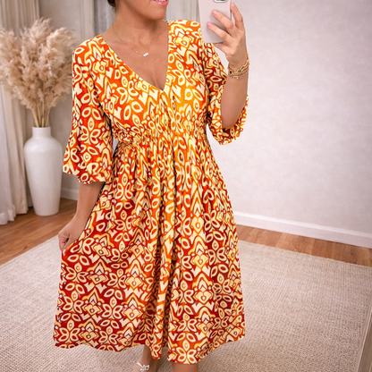 Yellow and orange Kasia women's A-line V-neck maxi dress, printed front view