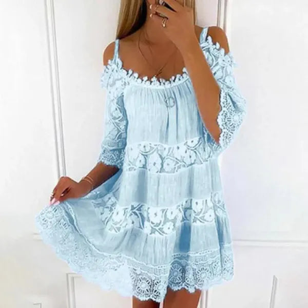 Maisie mini summer dress in light blue with lace trim and cold shoulder straps