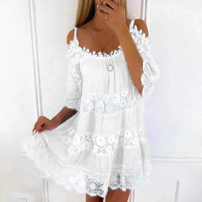 Maisie women's mini summer dress in white with crochet lace tiers, front view