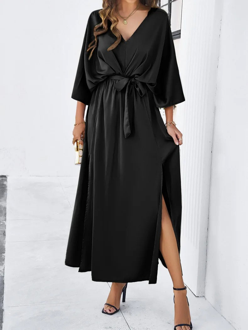 Black Basilia women's batwing sleeves blouson maxi dress, front view on model