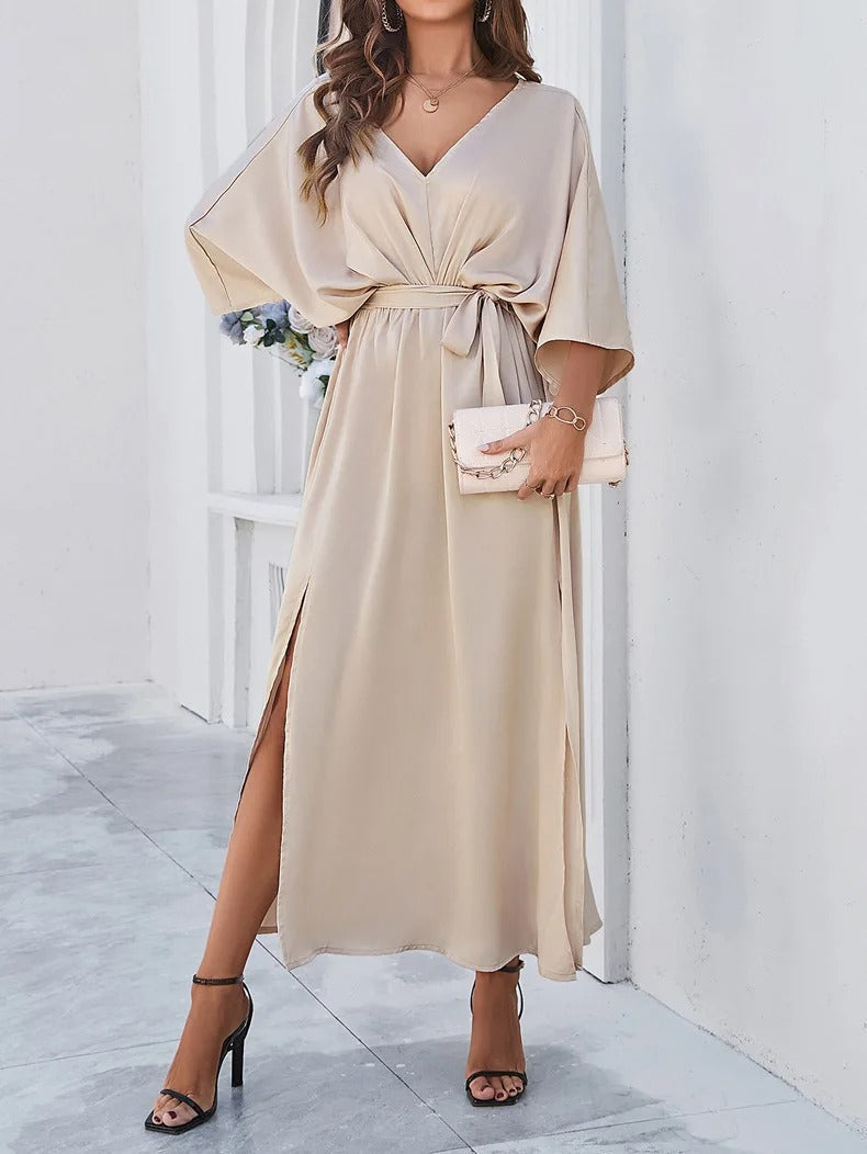 Basilia women's batwing sleeves blouson maxi dress in champagne gold, front view