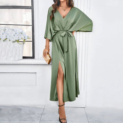 Sage green Basilia women's batwing sleeves blouson maxi dress with a side slit