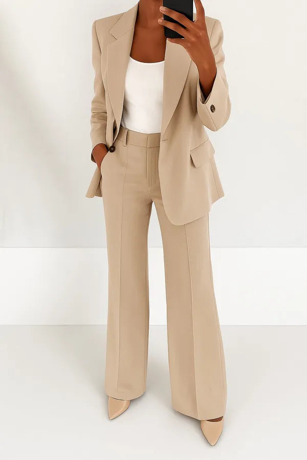 Phoebe Two Piece Blazer and Trouser Set in beige, full-length front view