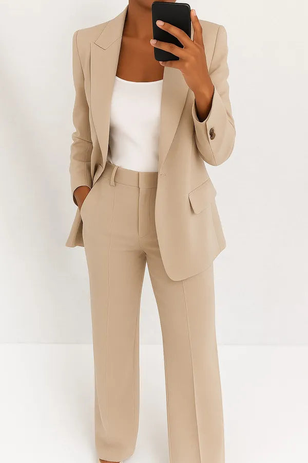 Phoebe Two Piece Blazer and Trouser Set in beige, cropped front view of blazer