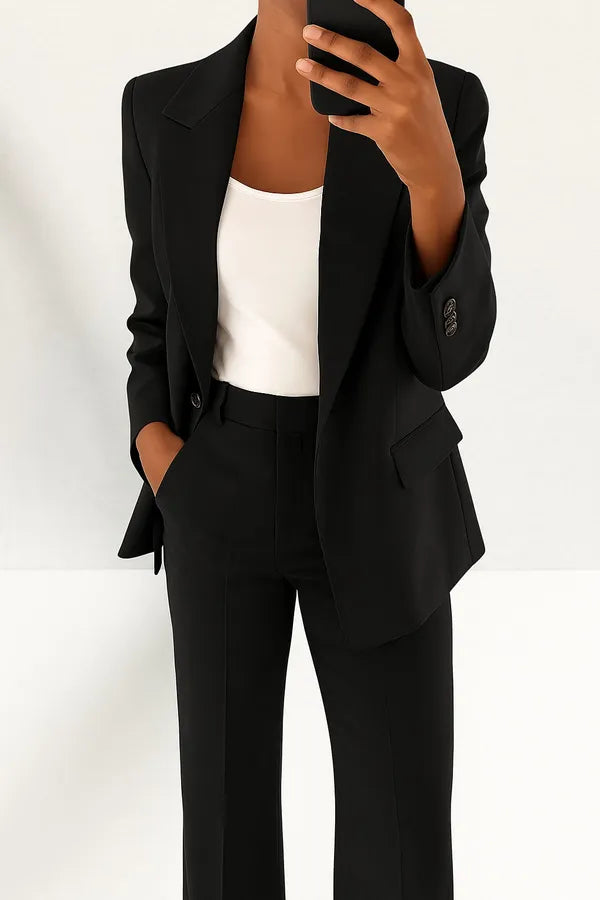 Phoebe Two Piece Blazer and Trouser Set in black, cropped front view of blazer