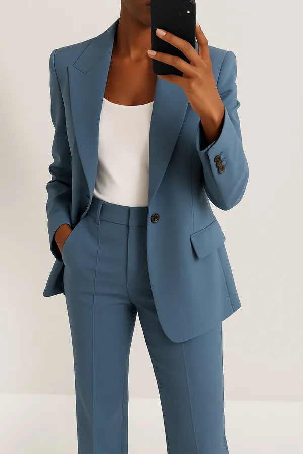 Phoebe Two Piece Blazer and Trouser Set in blue, cropped front view on model