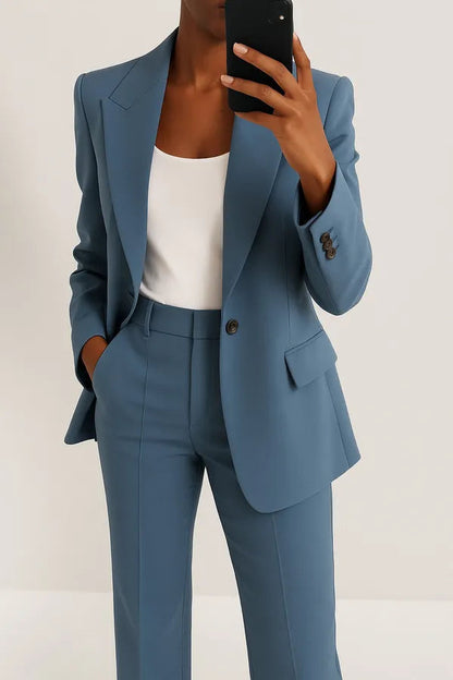 Phoebe Two Piece Blazer and Trouser Set in blue, cropped front view on model