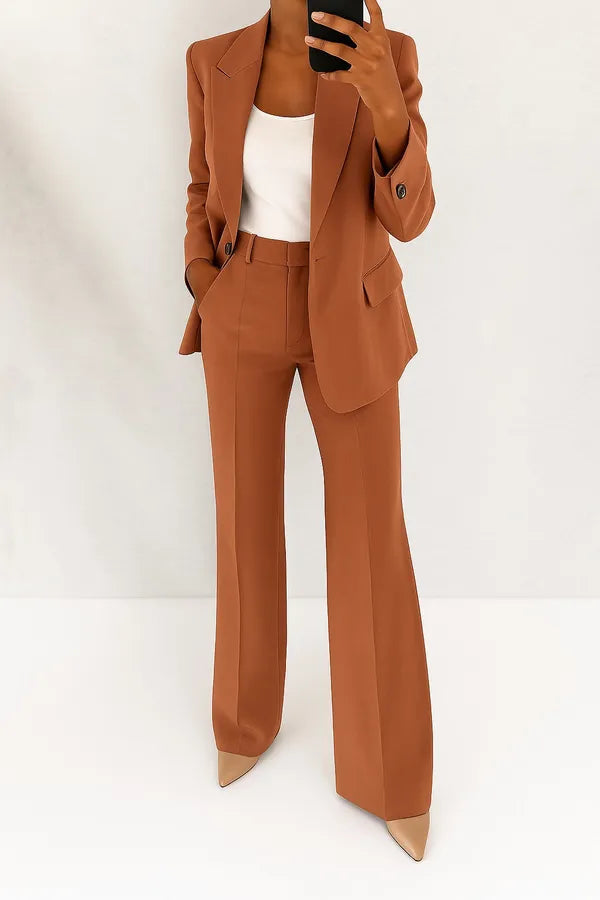 Phoebe Two Piece Blazer and Trouser Set in cognac brown, full-length front view