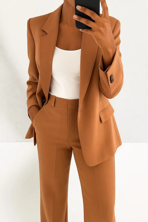 Phoebe Two Piece Blazer and Trouser Set in cognac brown, cropped front view