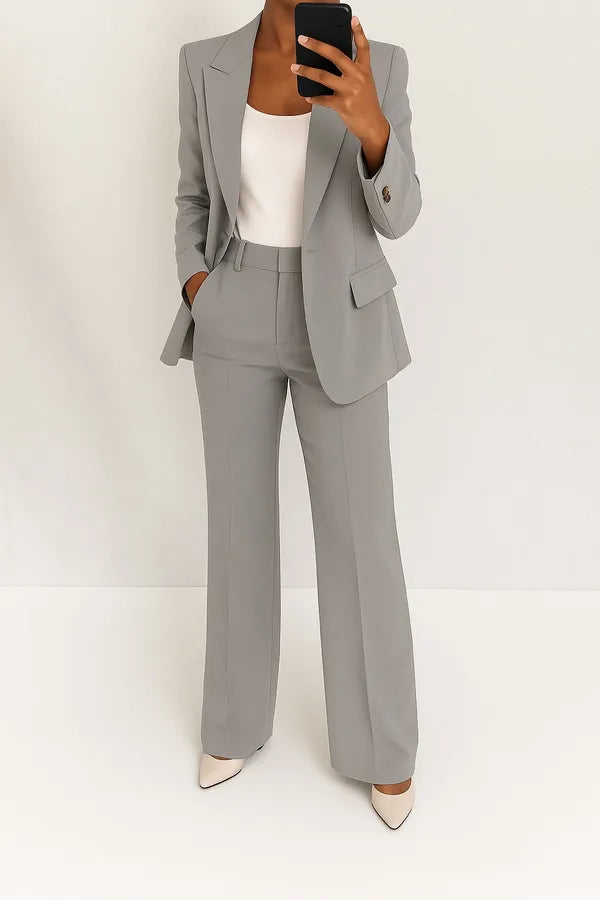 Phoebe Two Piece Blazer and Trouser Set in gray, full-length front view