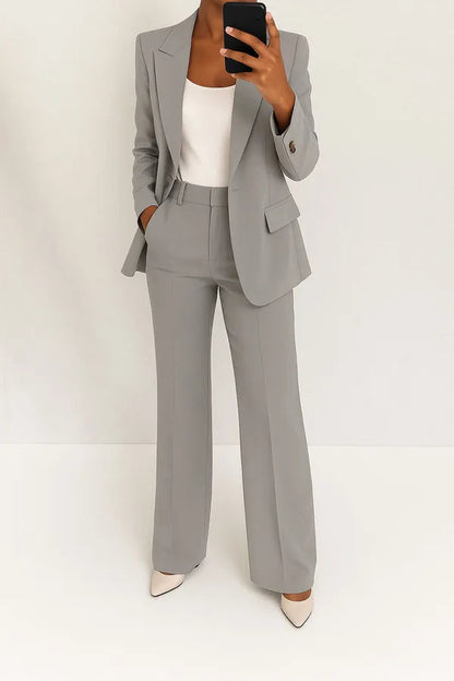 Phoebe Two Piece Blazer and Trouser Set in gray, full-length front view