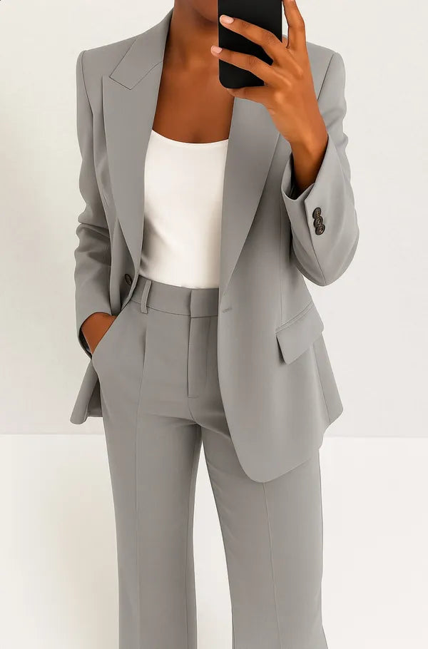 Phoebe Two Piece Blazer and Trouser Set in gray, cropped front view of blazer