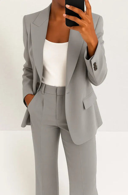 Phoebe Two Piece Blazer and Trouser Set in gray, cropped front view of blazer