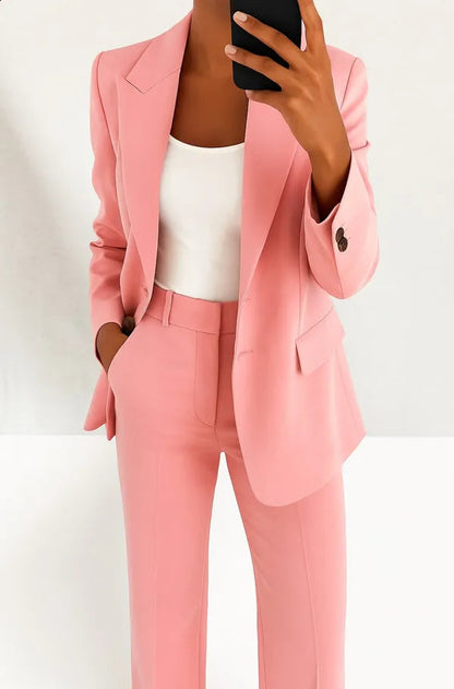 Phoebe Two Piece Blazer and Trouser Set in pink, cropped front view of blazer