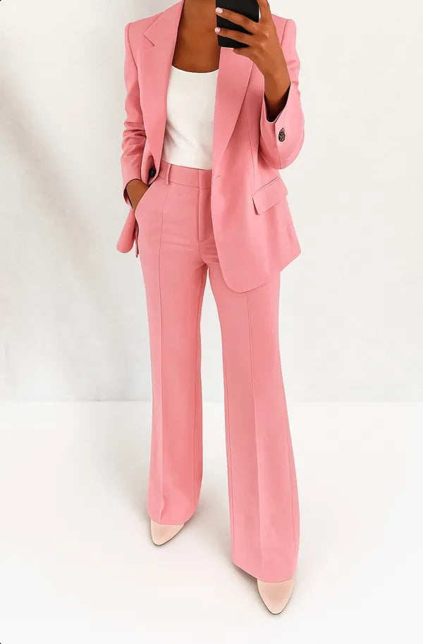 Phoebe Two Piece Blazer and Trouser Set in pink, full-length front view