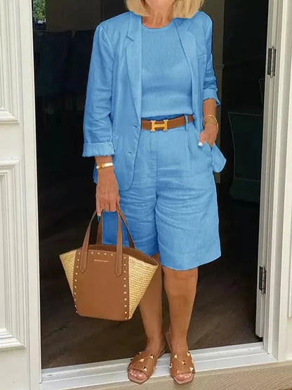 Nastassia Women's Blazer Shorts Two-Piece Set in blue linen, front view on model