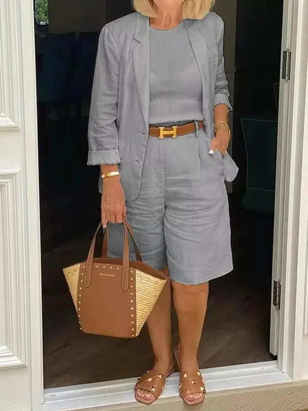 Nastassia Women's Blazer Shorts Two-Piece Set in gray linen, front view on model
