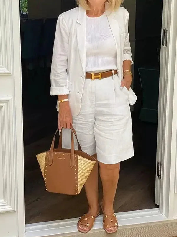 Nastassia Women's Blazer Shorts Two-Piece Set in white linen, front view on model