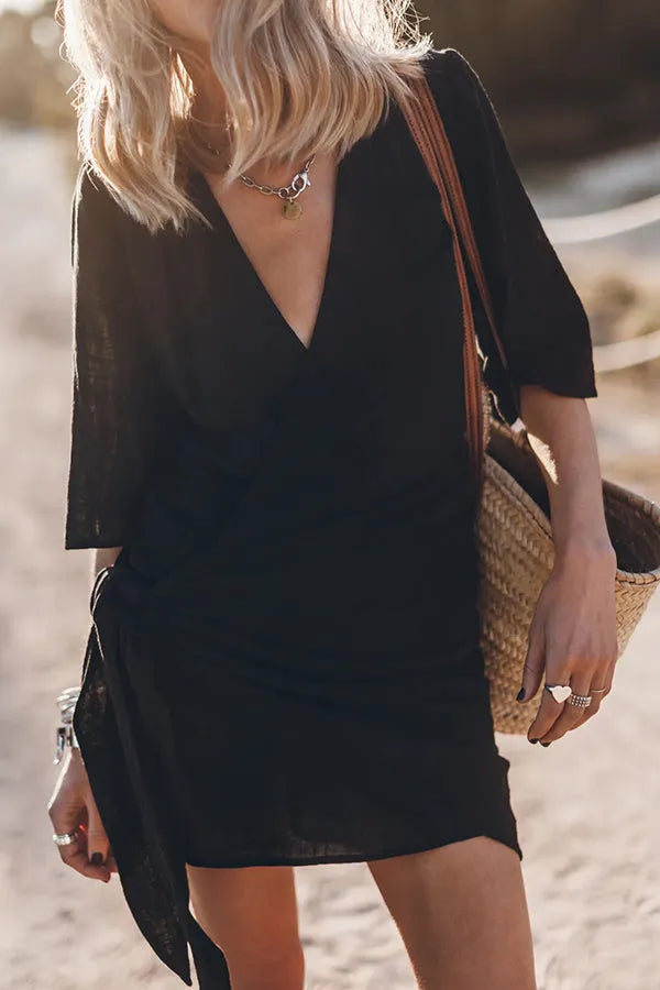 Victoria women's blend wrap mini dress in black, front view with deep V neckline