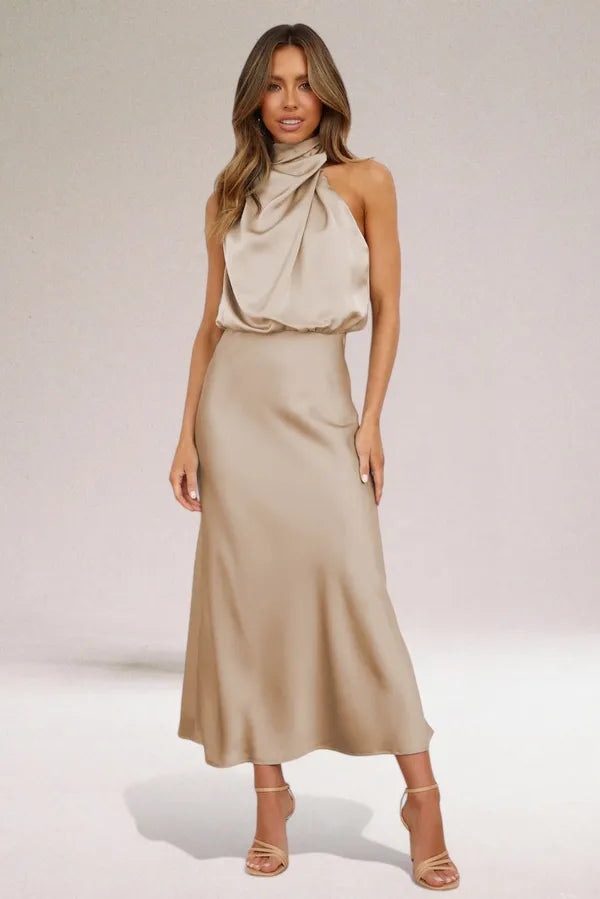 Women's Blouson Halter Neck Maxi Dress in Beige, full-length front view - Ilse