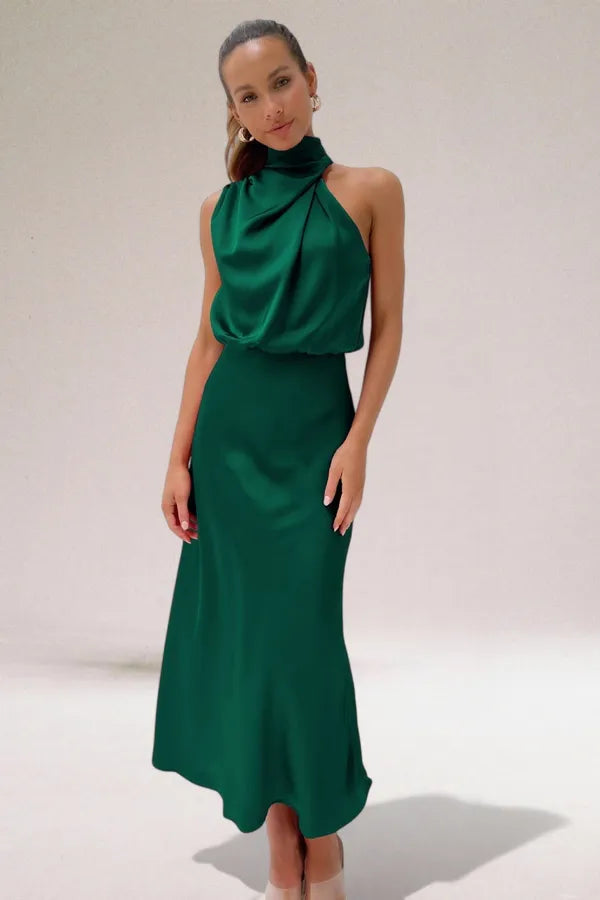 Women's Blouson Halter Neck Maxi Dress in Green satin, front view - Ilse