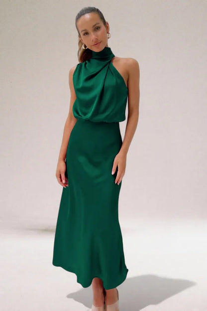 Women's Blouson Halter Neck Maxi Dress in Green satin, front view - Ilse