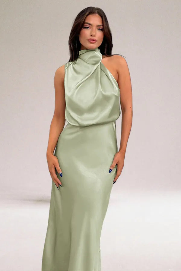Women's Blouson Halter Neck Maxi Dress in Light Green, cropped front view - Ilse