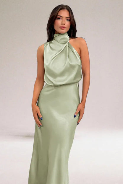 Women's Blouson Halter Neck Maxi Dress in Light Green, cropped front view - Ilse