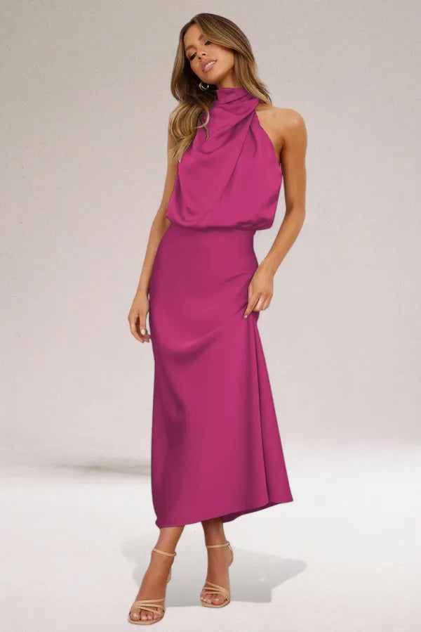 Women's Blouson Halter Neck Maxi Dress in Magenta, full front view - Ilse