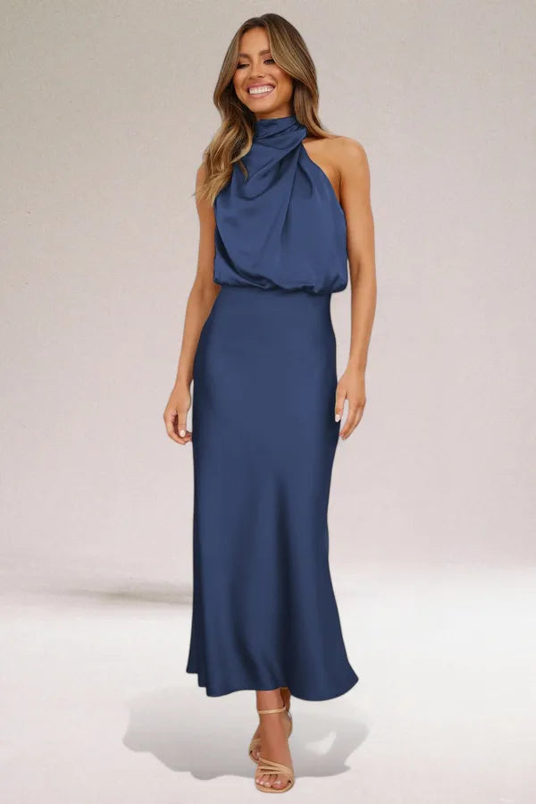 Women's Blouson Halter Neck Maxi Dress in Navy Blue, front view on model - Ilse