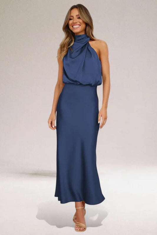 Women's Blouson Halter Neck Maxi Dress in Navy Blue, front view on model - Ilse