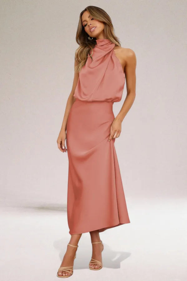 Women's Blouson Halter Neck Maxi Dress in Pink, full-length front view - Ilse