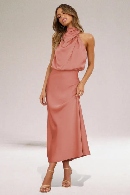 Women's Blouson Halter Neck Maxi Dress in Pink, full-length front view - Ilse