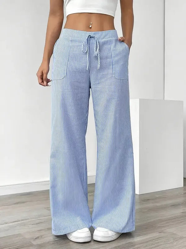 Blue Boho Beach Flare Trousers front view with drawstring waist and striped rib