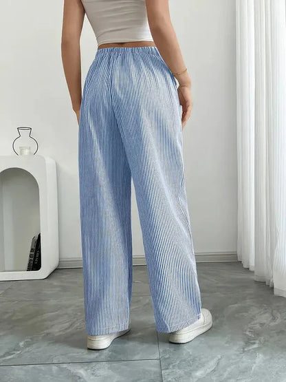 Blue Boho Beach Flare Trousers back view showing elastic waist and wide hem