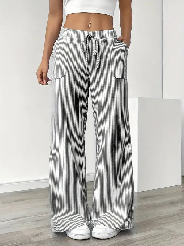 Gray Boho Beach Flare Trousers front view with pinstripe rib and drawstring waist