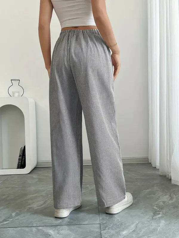 Gray Boho Beach Flare Trousers back view with elastic waistband and wide leg