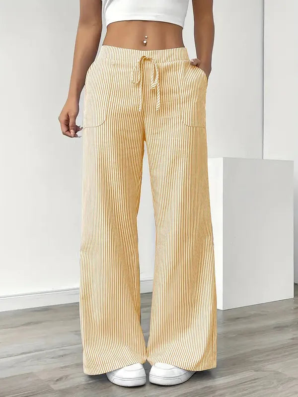 Yellow Boho Beach Flare Trousers front view with drawstring waist and striped rib