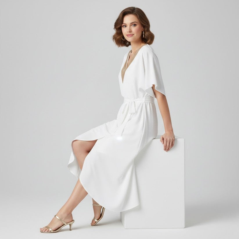 Women's Butterfly Sleeve Maxi Dress in White, seated side view - Hara