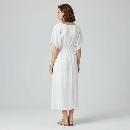 Women's Butterfly Sleeve Maxi Dress in White, back view showing tie belt - Hara