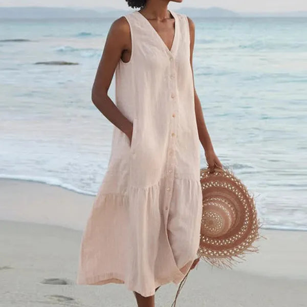 Lovisa women's button-down midi dress in khaki, front view on the beach