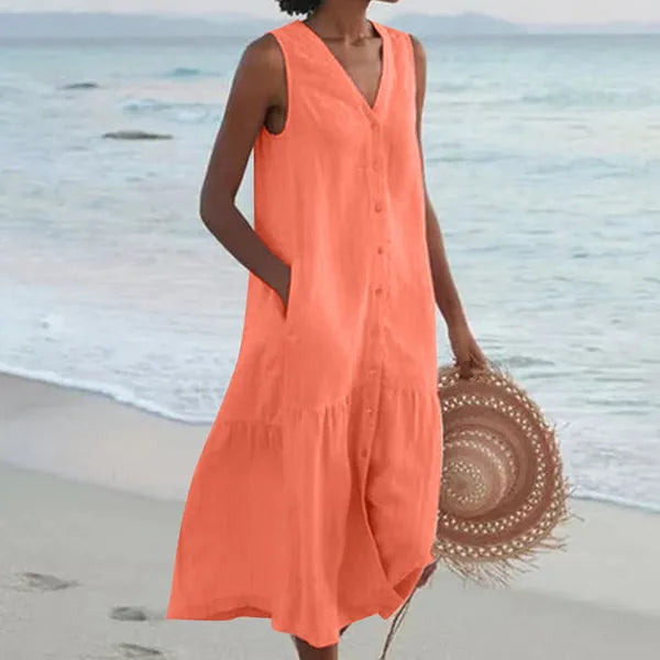 Lovisa women's button-down midi dress in orange, front view on model by the sea