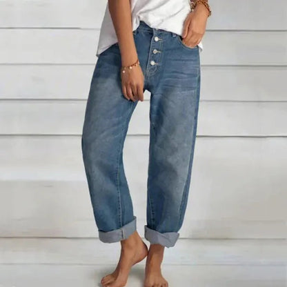 Blue Button Front Jeans front view showing cropped rolled hem and relaxed leg