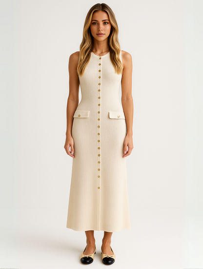 Hedda women's button front midi dress in ivory, full-length front view on model