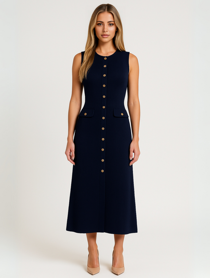 Hedda women's button front midi dress in navy blue, full-length front view on model