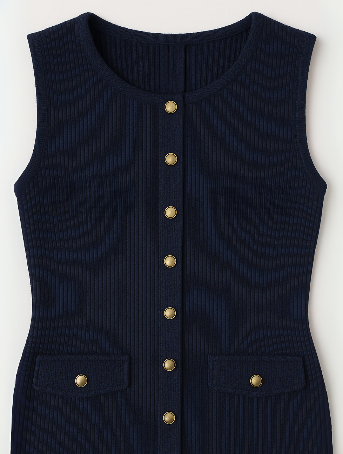 Detail of the ribbed bodice and flap pockets on the Hedda navy blue midi dress