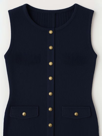 Detail of the ribbed bodice and flap pockets on the Hedda navy blue midi dress