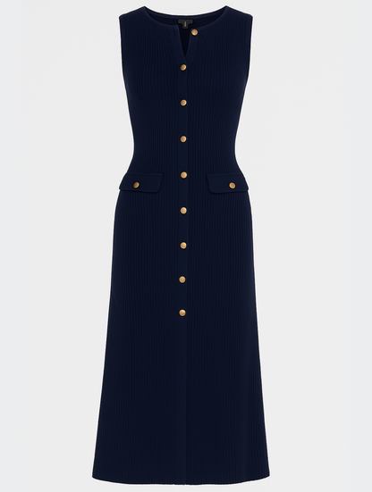 Hedda women's navy blue button front midi dress shown flat on a plain background